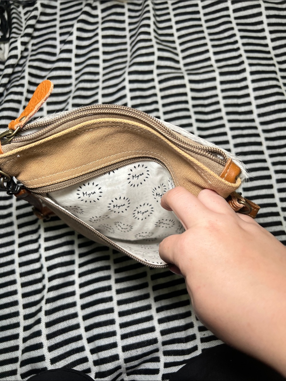 Myra Bag Hot Pink Aztec Crossbody with Gray Haircalf Trim and Brown Strap - Picture 5 of 6